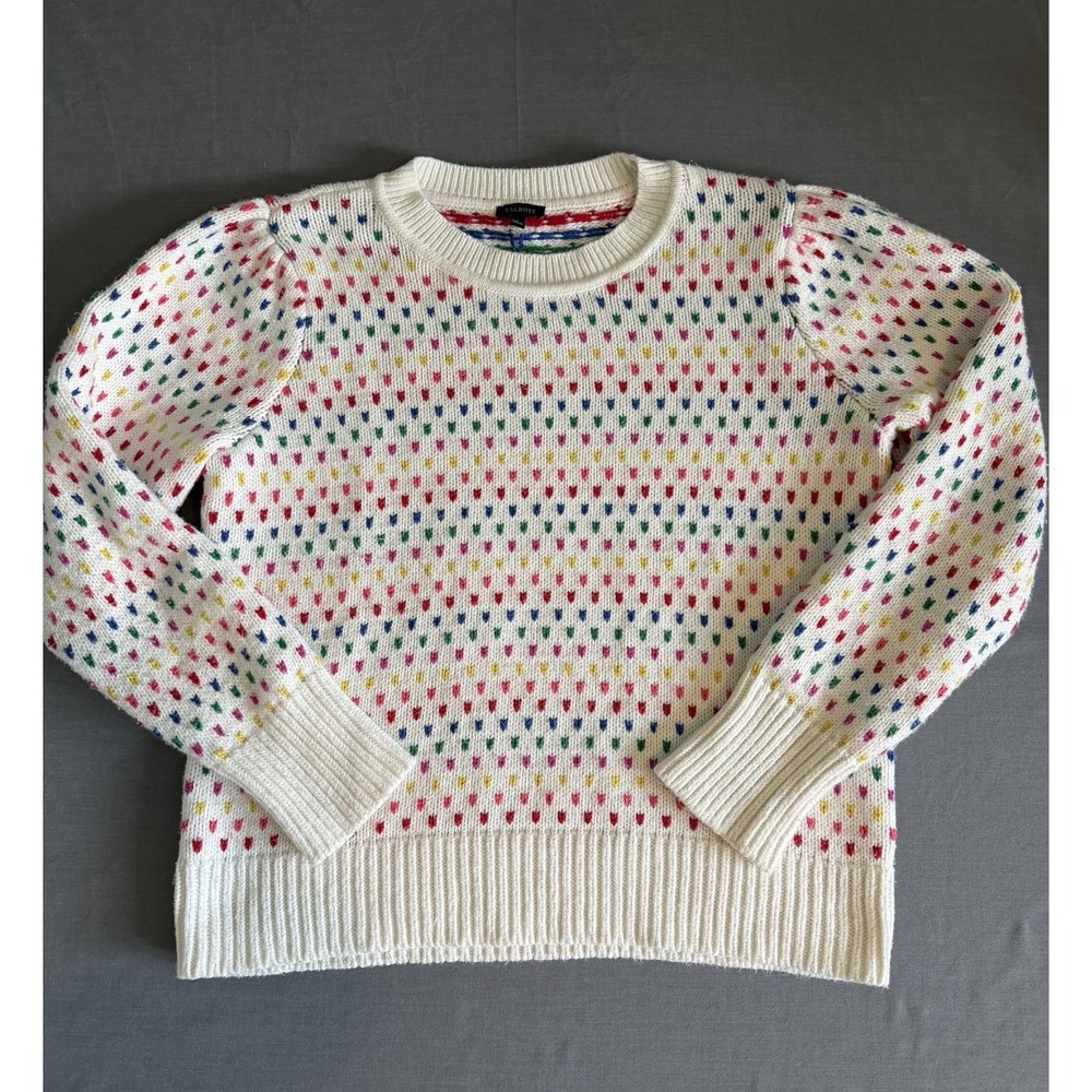 Talbots Rainbow Multicolor Birdseye Puff Sleeve White Cotton Blend Lg Sweater